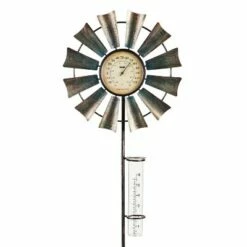 Evergreen 36"H Bronze and Metallic Thermometer w/ Rain Gauge, Windmill- Fade and Weather Resistant Outdoor Decor for Homes, Yards and Gardens