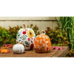 Evergreen Set of 3 Printed Ceramic Pumpkins, Autumn Blooms