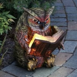 7" Resin Solar Owl Reading Book Statue Brown - Exhart