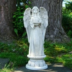 Northlight 22.5" Standing Religious Angel with Bird Bath Votive Candle Holder Outdoor Patio Garden Statue - Gray