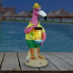 13" Solar Flamingo With Firefly Resin Jar - Exhart