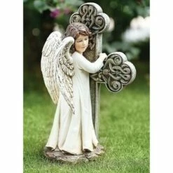 Roman 11.75" Angel Facing Cross Religious Outdoor Garden Statue - White/Gray