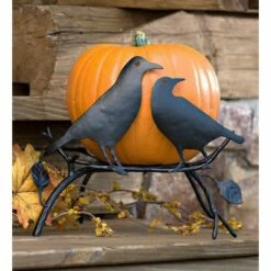 11" Halloween Pumpkin Iron Holder with Ravens On Branch - Evergreen