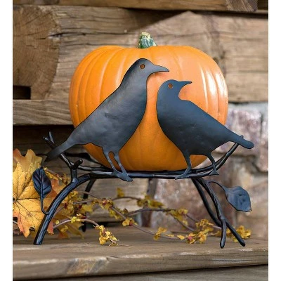 11" Halloween Pumpkin Iron Holder with Ravens On Branch - Evergreen 3 11" Halloween Pumpkin Iron Holder with Ravens On Branch - Evergreen