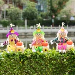 Gardenised Outdoor Fall Decor Halloween Scarecrow for Garden Ornament Sitting on Hay Bale, Straw Multicolor, Set of 3, 16 in.