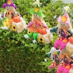 Gardenised Outdoor Fall Decor Halloween Scarecrow for Garden Ornament Sitting on Hay Bale, Straw Multicolor, Set of 3, 16 in. -Cheap Garden Decor Store unnamed file 11556