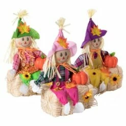 Gardenised Outdoor Fall Decor Halloween Scarecrow for Garden Ornament Sitting on Hay Bale, Straw Multicolor, Set of 3, 16 in. -Cheap Garden Decor Store unnamed file 11560