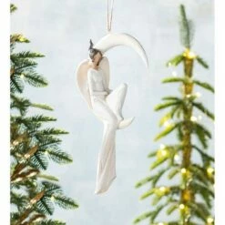 Wind & Weather Angel Sitting on Crescent Moon Indoor/Outdoor Hanging Sculpture