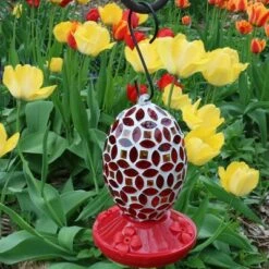 Sunnydaze Decor Sunnydaze Outdoor Garden Patio Oval Glass with Mosaic Flower Design Hummingbird Feeder - 18 oz - 7" - Red