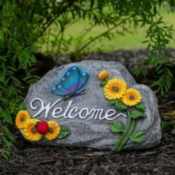 Northlight 10.5" Gray Spring Butterfly and Sunflower "Welcome" Outdoor Garden Stone