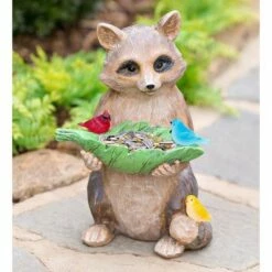 Wind & Weather Raccoon With Leaf Bird Feeder with Solar Lighted Birds