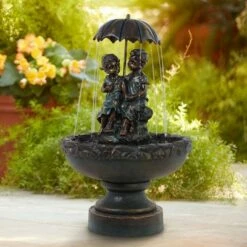 John Timberland Boy and Girl Under Umbrella Outdoor Water Fountain 40" High Copper Green Bronze Patio Deck Home Lawn Porch House