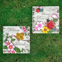Northlight Set of 2 Love Blooms and Welcome Friends Floral Outdoor Garden Stones 7"