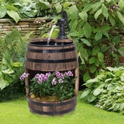 Outsunny 2-Tier Wooden Water Pump Fountain for Fun Garden Decor with Planting Flower Box Base
