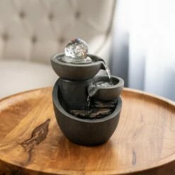 Nature Spring 3 Tier Tabletop Water Fountain With Rolling Glass Ball, Multicolored LED Lights, and Electric Pump