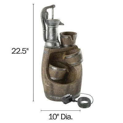 Nature Spring Old-Fashioned Hand Pump and Barrel 4-Tier Fountain With Cascading Waterfall and LED Lights - Brown 3 Nature Spring Old-Fashioned Hand Pump and Barrel 4-Tier Fountain With Cascading Waterfall and LED Lights - Brown