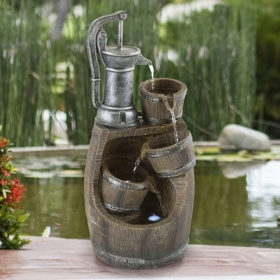 Nature Spring Old-Fashioned Hand Pump and Barrel 4-Tier Fountain With Cascading Waterfall and LED Lights - Brown 4 Nature Spring Old-Fashioned Hand Pump and Barrel 4-Tier Fountain With Cascading Waterfall and LED Lights - Brown - Image 2