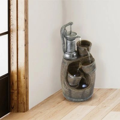 Nature Spring Old-Fashioned Hand Pump and Barrel 4-Tier Fountain With Cascading Waterfall and LED Lights - Brown 6 Nature Spring Old-Fashioned Hand Pump and Barrel 4-Tier Fountain With Cascading Waterfall and LED Lights - Brown - Image 4