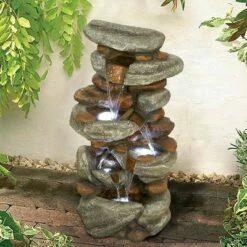 Watnature 30" 4-Tier Rock Water Fountain with LED Lights Brown/Gray