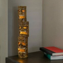 Alpine Corporation Alpine 19" Triple Tiki Solar Concrete Garden Decor Brown