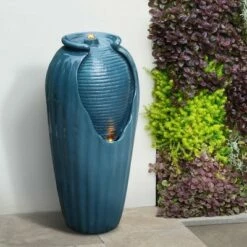 31.89" Glazed Vase Outdoor Floor Fountain with LED Light - Teamson Home Blue