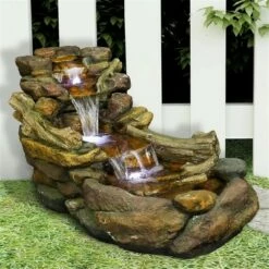 19" Outdoor Wooden Tiered Rocky River Stream Fountain - Watnature