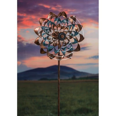 Evergreen 75"H Solar Wind Spinner, Copper and Verdigris Zinnia Garden Decor and Accessories for Home and Yard 4 Evergreen 75"H Solar Wind Spinner, Copper and Verdigris Zinnia Garden Decor and Accessories for Home and Yard - Image 2