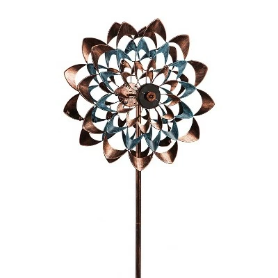 Evergreen 75"H Solar Wind Spinner, Copper and Verdigris Zinnia Garden Decor and Accessories for Home and Yard 5 Evergreen 75"H Solar Wind Spinner, Copper and Verdigris Zinnia Garden Decor and Accessories for Home and Yard - Image 3