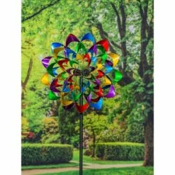 Evergreen 84"H Wind Powered Lighted Wind Spinner, Multicolor Flower