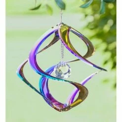 Wind & Weather Hanging Iridescent Metal Spiral Wind Spinner with Clear Crystal Center