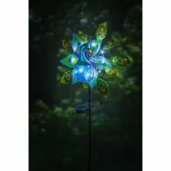 Evergreen 48"H Solar Staked Wind Spinner, Glass Peacock