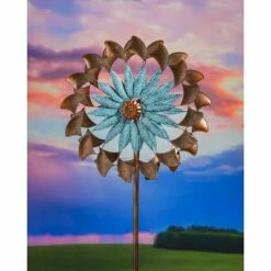 Evergreen 75"H Wind Spinner, Blue Patina and Copper Flower-