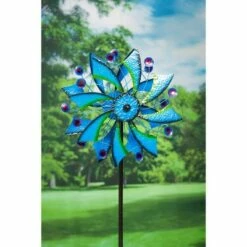 Evergreen 75"H Wind Spinner, Cobalt Peaks- Fade and Weather Resistant Outdoor Decor