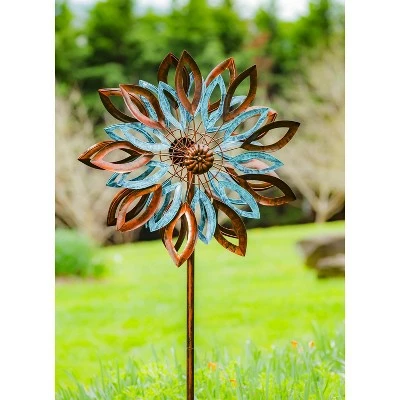 Evergreen 75"H Wind Spinner, Copper and Verdigris Leaves 2 Evergreen 75"H Wind Spinner, Copper and Verdigris Leaves