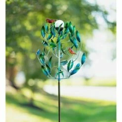 Wind & Weather Metal Tree Spinner with Four Red Birds and Color-Changing Lighted Solar Orb