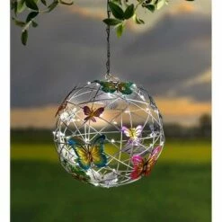Wind & Weather Solar Lighted Hanging Mesh Orb with Colorful Butterflies