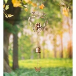 Wind & Weather Handcrafted Golden Metal Wind Chime with Birds, Heart, Flower, Butterfly and Bell