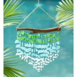 Wind & Weather Handcrafted Recycled Glass Hung From a Metal Branch Ocean Waves Wind Chime