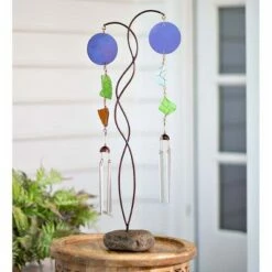 Wind & Weather Metal and Colorful Recycled Glass Double Wind Chime with River Rock Base