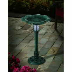 Evergreen Garden Outdoor Decor Solar Plastic Bird Bath Lily Pad in Green Patina For Homes Gardens Yards Lawn and Patio
