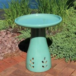 Sunnydaze Decor Sunnydaze Outdoor Weather-Resistant Garden Patio Classic High-Fired Smooth Ceramic Hand-Painted Bird Bath - Seafoam
