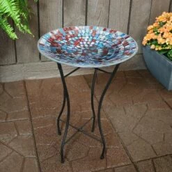 Sunnydaze Decor Sunnydaze Outdoor Garden Patio Bird Bath with Metal Stand and Multi-Colored Mosaic Tile Design Bowl - 14"