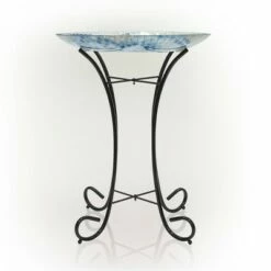 23" Outdoor Mosaic Glass Birdbath Bowl with Metal Stand Blue - Alpine Corporation