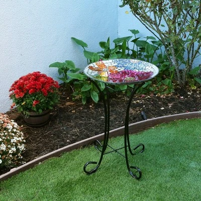 23" Outdoor Floral Glass Birdbath Bowl with Metal Stand - Alpine Corporation 3 23" Outdoor Floral Glass Birdbath Bowl with Metal Stand - Alpine Corporation