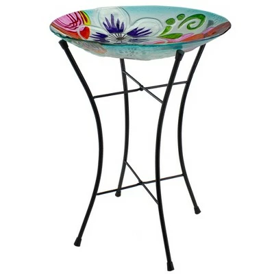 Northlight 21” White and Blue Hand Painted Floral Glass Outdoor Patio Birdbath 3 Northlight 21” White and Blue Hand Painted Floral Glass Outdoor Patio Birdbath - Image 2