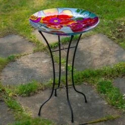 Northlight 18” Multi-Colored Hand Painted Glass Floral Pattern Outdoor Patio Bird Bath