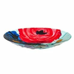 Evergreen 18" Hand Painted Embossed Glass Bird Bath, Red/White/Blue Florals