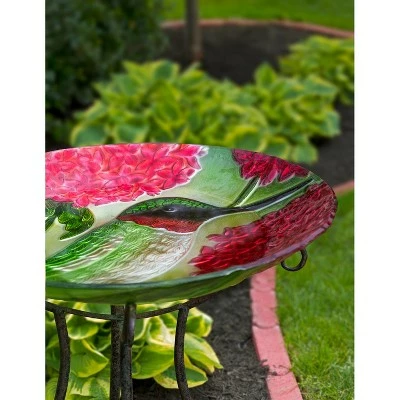 Evergreen 18" Hand Painted Embossed Glass Bird Bath, Hummingbird with Red Lupine Florals 4 Evergreen 18" Hand Painted Embossed Glass Bird Bath, Hummingbird with Red Lupine Florals - Image 3