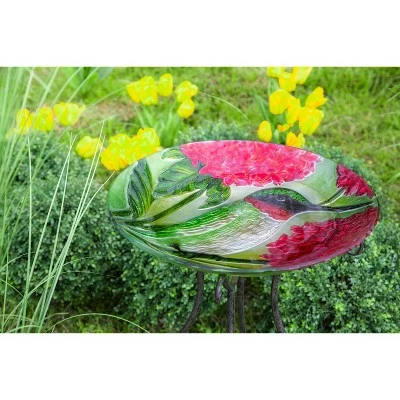 Evergreen 18" Hand Painted Embossed Glass Bird Bath, Hummingbird with Red Lupine Florals 5 Evergreen 18" Hand Painted Embossed Glass Bird Bath, Hummingbird with Red Lupine Florals - Image 4