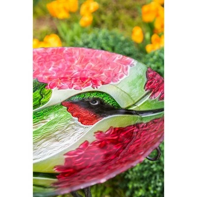Evergreen 18" Hand Painted Embossed Glass Bird Bath, Hummingbird with Red Lupine Florals 6 Evergreen 18" Hand Painted Embossed Glass Bird Bath, Hummingbird with Red Lupine Florals - Image 5